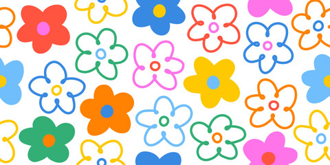 Hand drawn colorful floral seamless pattern, fun doodle flower pattern with childish style. Design for fabric, cover, wrapping, wallpaper.
