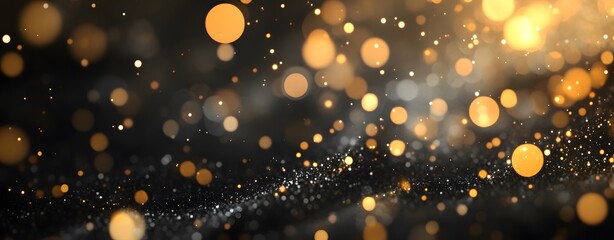 Obraz premium Abstract black and gold bokeh background with glowing lights and sparkling dust.