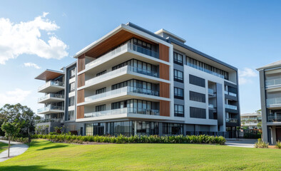 A modern apartment building with sleek architecture, featuring a white and grey exterior, glass windows, and wooden accents on the balconies, surrounded by green grass under a blue sky