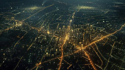 Aerial view of a sprawling metropolis at night, with clusters of lights marking dense neighborhoods, highways glowing like arteries, and the skyline silhouetted against the night sky