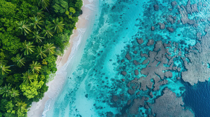 Aerial view of a tropical coastline with crystal-clear turquoise waters, vibrant coral reefs visible below the surface, and a line of lush palm trees along the shore