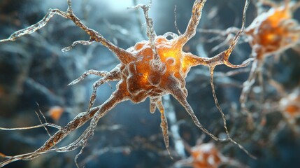 Close-up of a neuron cell, showing the detailed structure of dendrites, axons, and synapses.