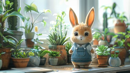 Adorable illustration of a cute bunny in overalls standing amid potted plants, succulents, and greenery on a sunny windowsill.