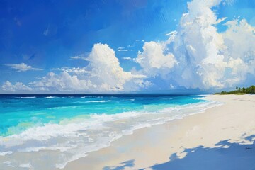 A Painted Landscape of a White Sandy Beach with Blue Water and Fluffy Clouds in a Clear Sky
