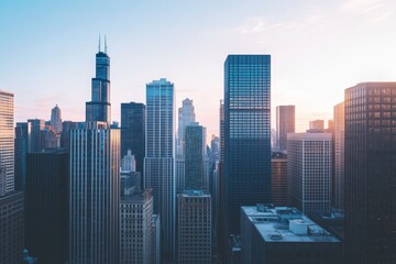 Fototapeta premium Skyline of Skyscrapers in a City at Sunset