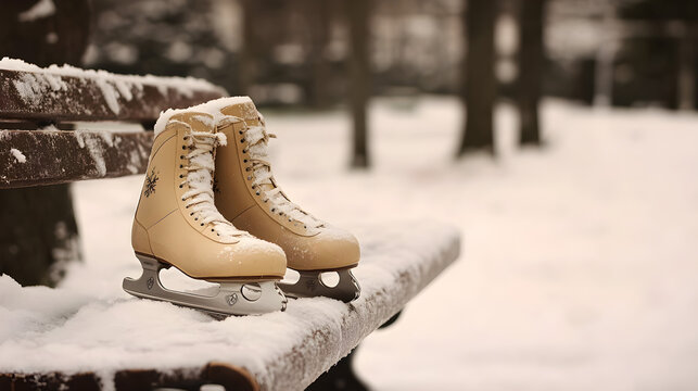 A pair of ice skates rests on a snowy bench surrounded by a winter landscape creating a serene and peaceful atmosphere