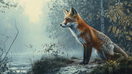 Fototapeta premium Red Fox in Forest by Water