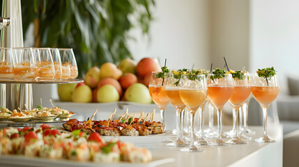 An elegant cocktail party table displays high-end drinks and gourmet appetizers under soft lighting creating a luxurious atmosphere inviting guests to indulge