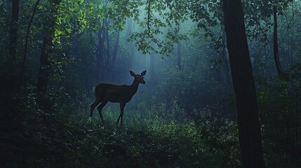   A deer in a forest at dawn on a foggy day