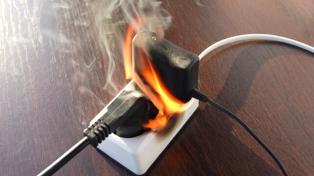 Electrical Short Circuit. Burning socket. Outlets, plug in fire. Short circuit in Overloaded Electrical Plug Socket. Fire socket of electricity plug switch. Burned plug with electric splitter.