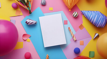 A mock-up of a birthday invitation card laid flat surrounded by colorful balloons, candies, and party decorations creating a festive backdrop
