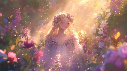 Fairy-like woman in flower crown surrounded by blooming flowers under golden sunlight.