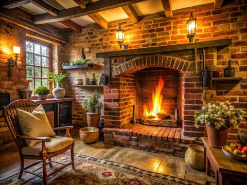 Cozy inglenook fireplace with exposed brick, wooden mantle, and flickering flames in a traditional cottage setting