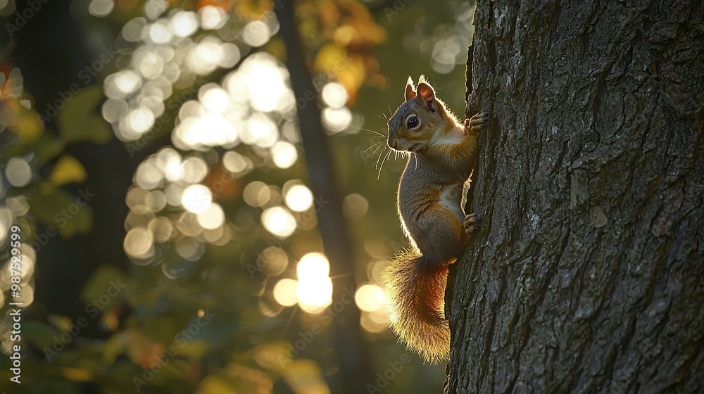 Poster   A squirrel climbs tree side to see sun through leaves