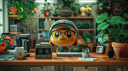 Cute animated character in a cozy office filled with plants and vintage items, working on a computer, creating a charming work environment.