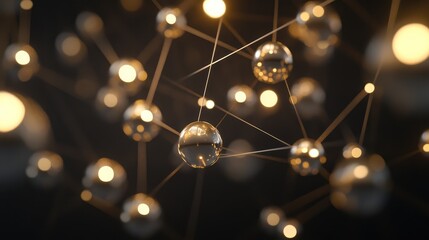 Obraz premium A 3D model of interconnected glowing orbs suspended in a web of metallic threads, hovering in a dark space.