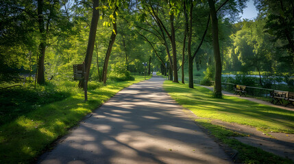 Serene Pathway Through Lush Green Trees in a Park