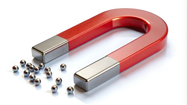 Curved magnet features alternating poles, attracting small metal objects with powerful force, pulling pins, clips, and other items towards its curved shape.