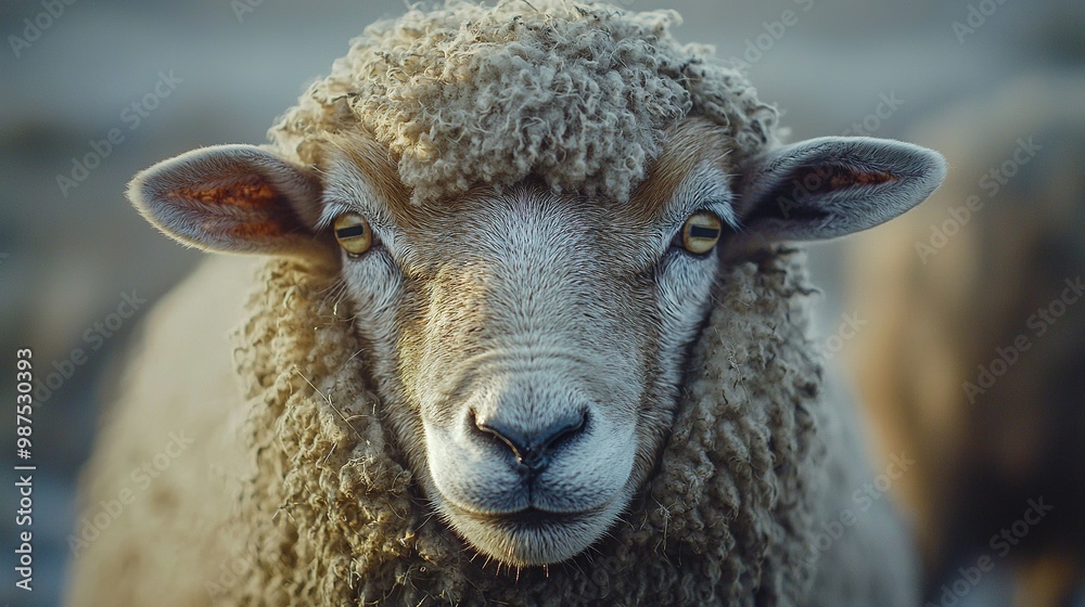 Canvas Prints   Close-up of a sheep's face with other sheep blurred in the background