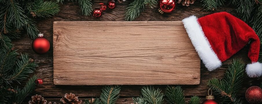 A festive wooden board surrounded by Christmas decorations and a Santa hat, perfect for holiday greetings or menu displays.