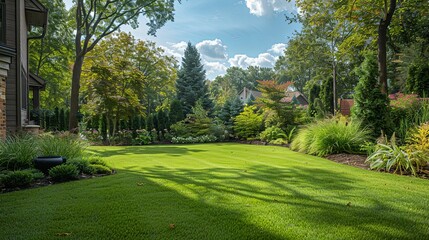 Obraz premium Lush Green Lawn Surrounded by Vibrant Trees and Flowers in a Backyard Landscape