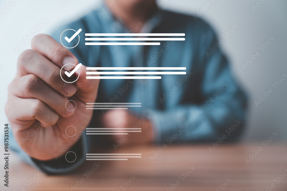 Poster Businessman use pen to tick correct sign mark in checkbox for quality document control checklist and business approve project concept.