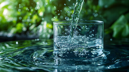 Fresh water pouring into a glass, surrounded by lush greenery, creating a refreshing and tranquil scene.