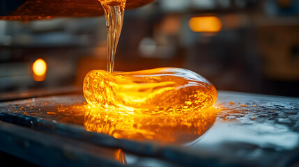 Molten glass being poured onto a surface, showcasing the intricate details and vibrant colors of the glass-making process.