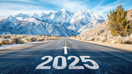 The number "2025" is written on the asphalt road, with an arrow pointing forward to convey new beginnings and hope for growth in business