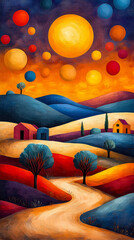 Fototapeta premium Colorful Cubist Landscape Illustration with African Sunset and Village Houses in Niger