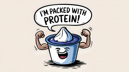 Cheerful yogurt cup flexing with protein message against neutral background 