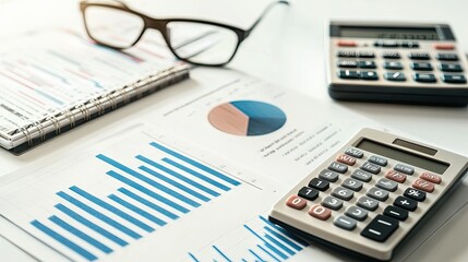 Fototapeta premium There is a calculator on the desk, and A4 paper, which shows the financial data, the desk is white, the overall background is white, and the desk is mostly empty.