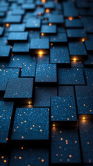 Obraz premium Abstract Geometric 3D Black Gray Texture Wall with Squares and Blue Glowing Lights, Modern Textured Wallpaper Illustration, Futuristic Background, Digital Art Design for Technology Concept