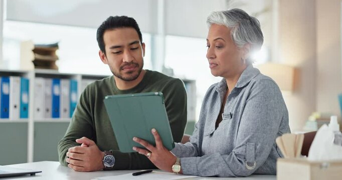 Doctor, patient man and tablet with clinic results, healthcare advice and digital info for medical care. Professional, consultation and tech for hospital, life insurance and planning with help