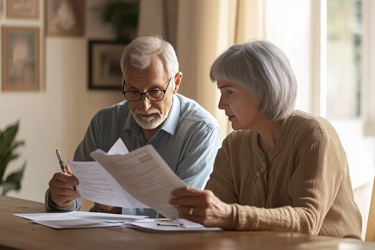 Elderly couple attentively reviewing insurance policy documents at home. Financial planning concept - Powered by Adobe