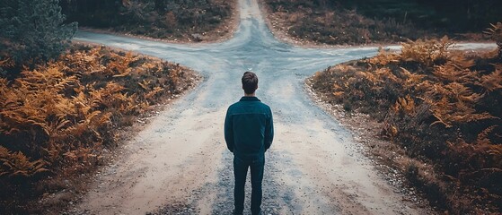 A lone person stands at a crossroads in a lush forested landscape contemplating which path to take as they embark on a new chapter of their life s journey