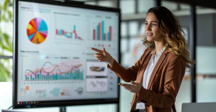 Hispanic Female Senior Data Scientist Reviewing Reports Of Risk Management Department On Big Digital Screen In Monitoring Room. Diverse Consulting Company Employees Working Behind Desktop Computers