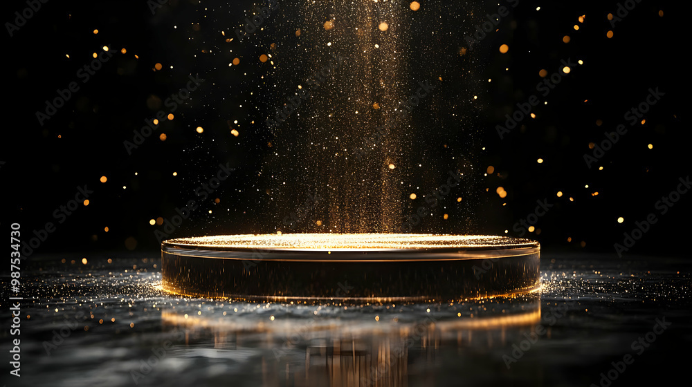 Poster golden circular podium with sparkling particles against a dark backdrop, creating a mystical and ele