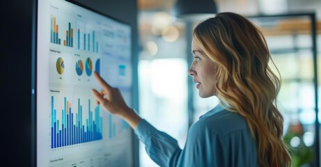 Hispanic Female Senior Data Scientist Reviewing Reports Of Risk Management Department On Big Digital Screen In Monitoring Room. Diverse Consulting Company Employees Working Behind Desktop Computers