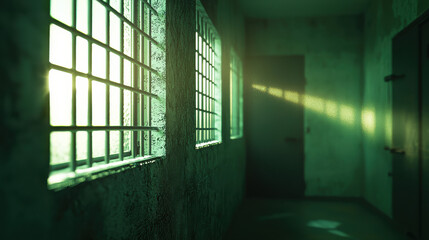 This image shows a dimly lit prison corridor where sunlight filters through barred windows, casting intricate patterns on the greenish walls and creating a somber, reflective mood.