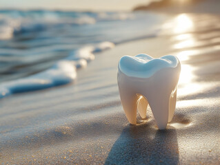 A dental tooth model rests on the sandy beach, waves gently lapping at its base during a golden sunset.