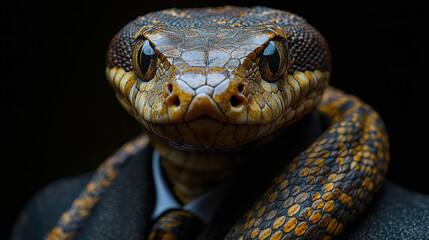 Obraz premium Snake in Business Suit Portrait Studio Photo Conceptual Image Representing Corporate Identity, Professionalism, and Reptilian Theme