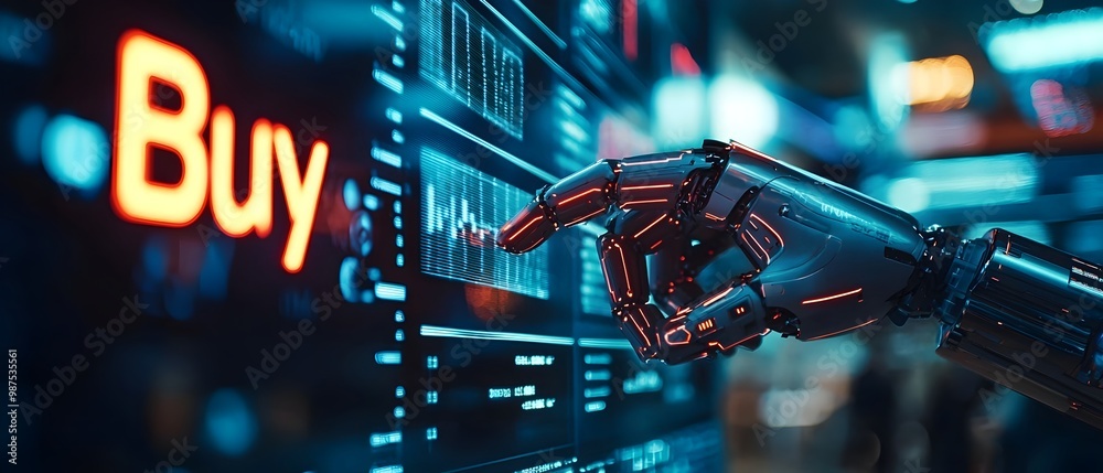 Poster robot hand interacting with a digital trading interface pressing the buy button to execute automated