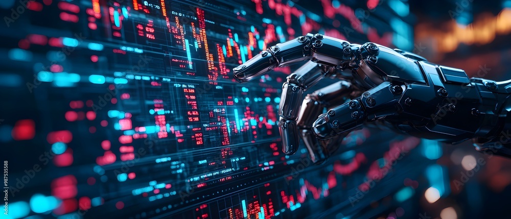Poster robot hands manipulating and interacting with a futuristic 3d visualization of virtual market data a