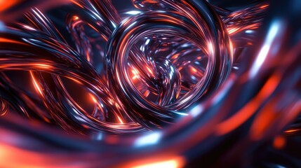 A glowing 3D abstract sculpture made of twisting, metallic tubes, rotating slowly in a surreal void.