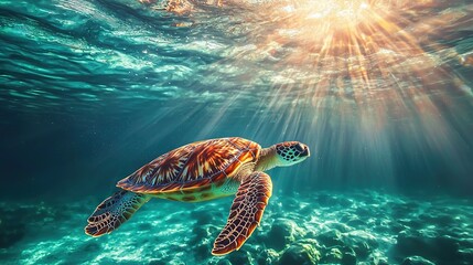 Obraz premium A turtle gracefully swims in the ocean, basking in the warm sunlight that illuminates its back Its head remains above the water's surface, taking in the