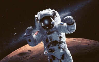 Fototapeta premium Astronaut space exploration. Astronaut in space suit floating in front of a red planet, exploring the vastness of the universe, symbolizing human curiosity and the search for new worlds.