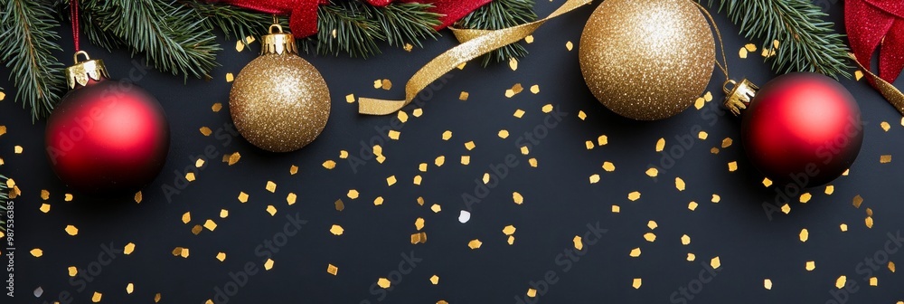 Poster christmas baubles balls and pine branches. horizontal banner web poster, header for website minimal 