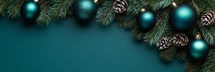 Christmas baubles balls and pine branches. Horizontal banner web poster, header for website minimal design with gift box