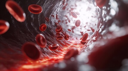 Red blood cells flowing through an artery, highlighting the movement of oxygen in the circulatory system.
